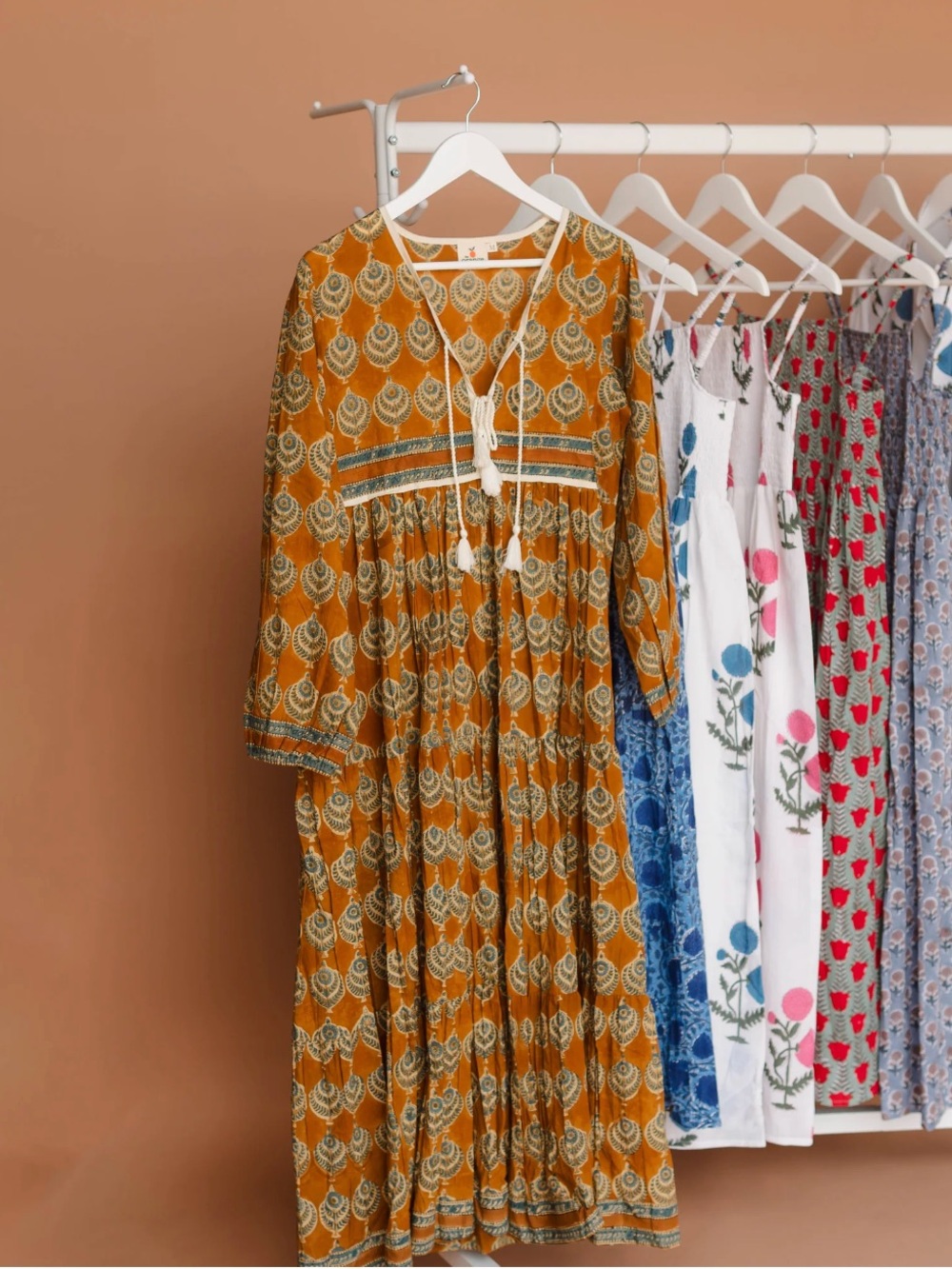 Boho Mustard Floral Maxi Dress with Tassel Tie